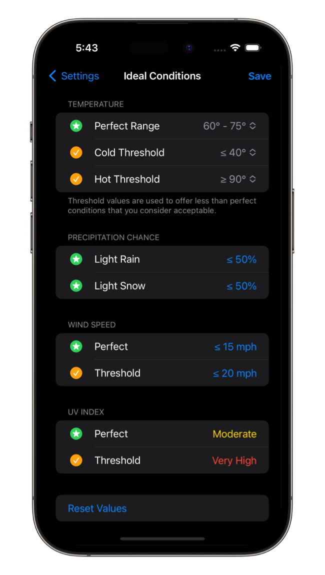 Ideal Conditions Screen